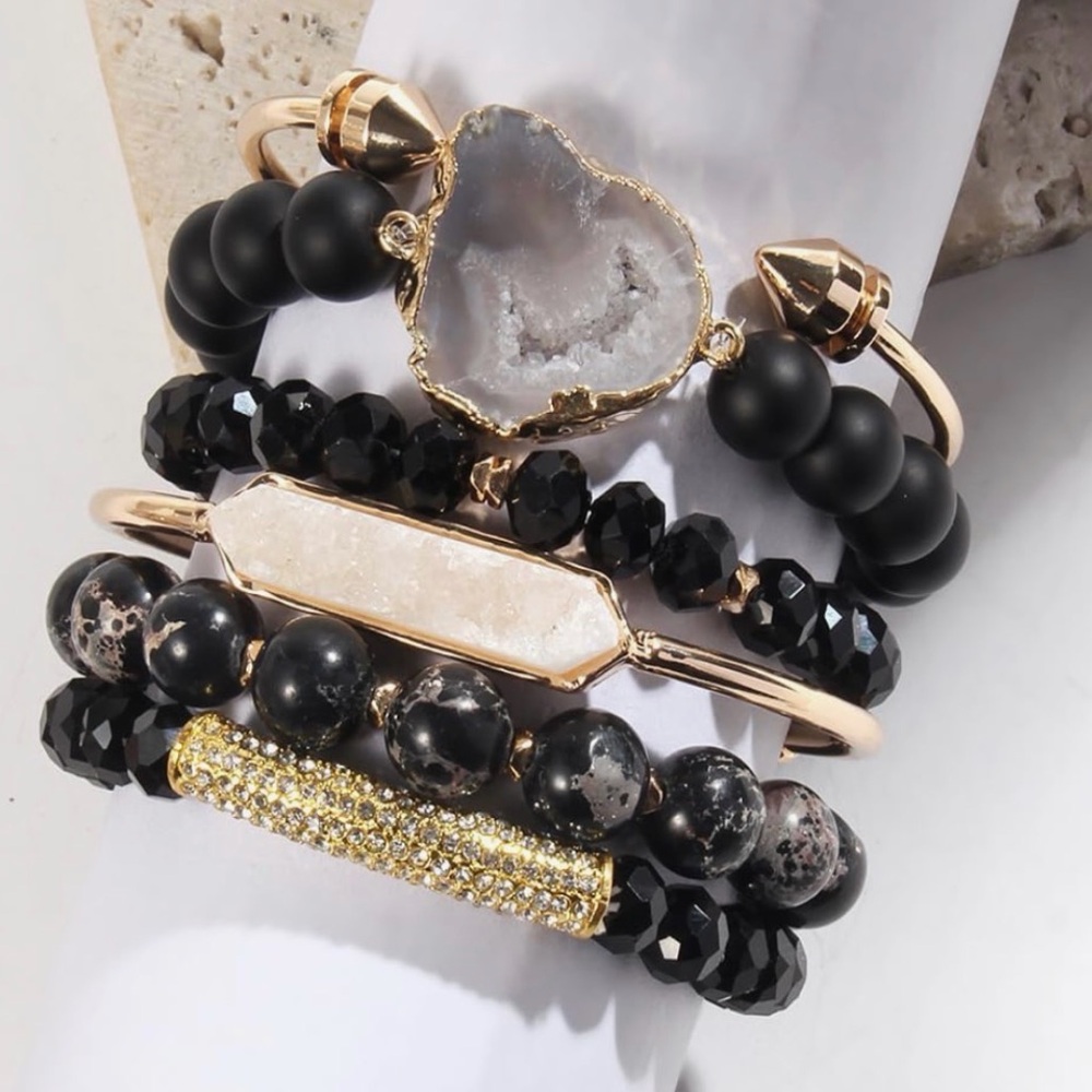 Elegant Black and Gold Stone‎ Bracelet Set